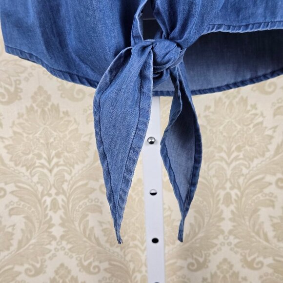 Earthbound Trading Co Size Small Chambray Tie Front Blouse Embroidered Yoke - Picture 6 of 12